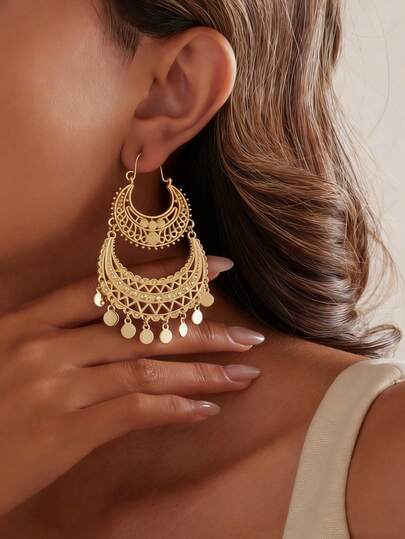 优雅镀金夸张耳环，精致垂坠设计，女士专属 - 波西米亚复古珠宝配饰