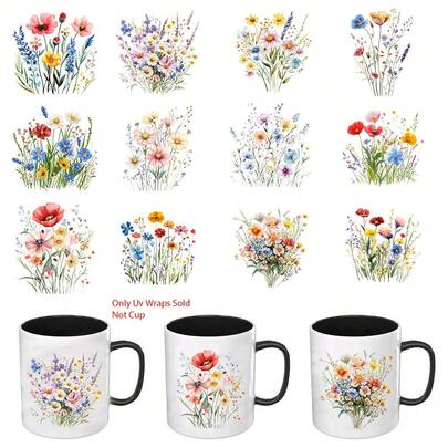 12 قطعة/مجموعة ملصقات نقل جميلة ورقيقة بزهور UV DTF لأكواب جلاس DIY، ملصقات نقل لأكواب زجاجية سعة 16 أونصة، ملصقات مقاومة للماء للزجاجات والأثاث، DIY وأعمال يدوية - سهلة الاستخدام ومتينة