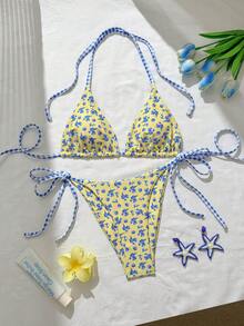 Women's 2 Pieces Halter Bikini Set, Fresh & Sweet Design, Suitable For Beach, Party, Summer Vacation - Yellow - View 8