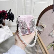 keshengtai PU Leather Ripple Rhinestone Butterfly Phone Case With 1pc Pearl Bracelet, Hard PC Back Cover Protective Case For Samsung Galaxy Z Flip7, Z Flip7FE, Z Flip6, Z Flip5, Galaxy Z Flip4, Galaxy Z Flip3 - Pink - View 5