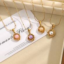 1pc New Stainless Steel Shell & Faux Pearl Pendant Necklace, Minimalist Elegant Choker Necklace Suitable For Daily Wear - Yellow Gold - View 9