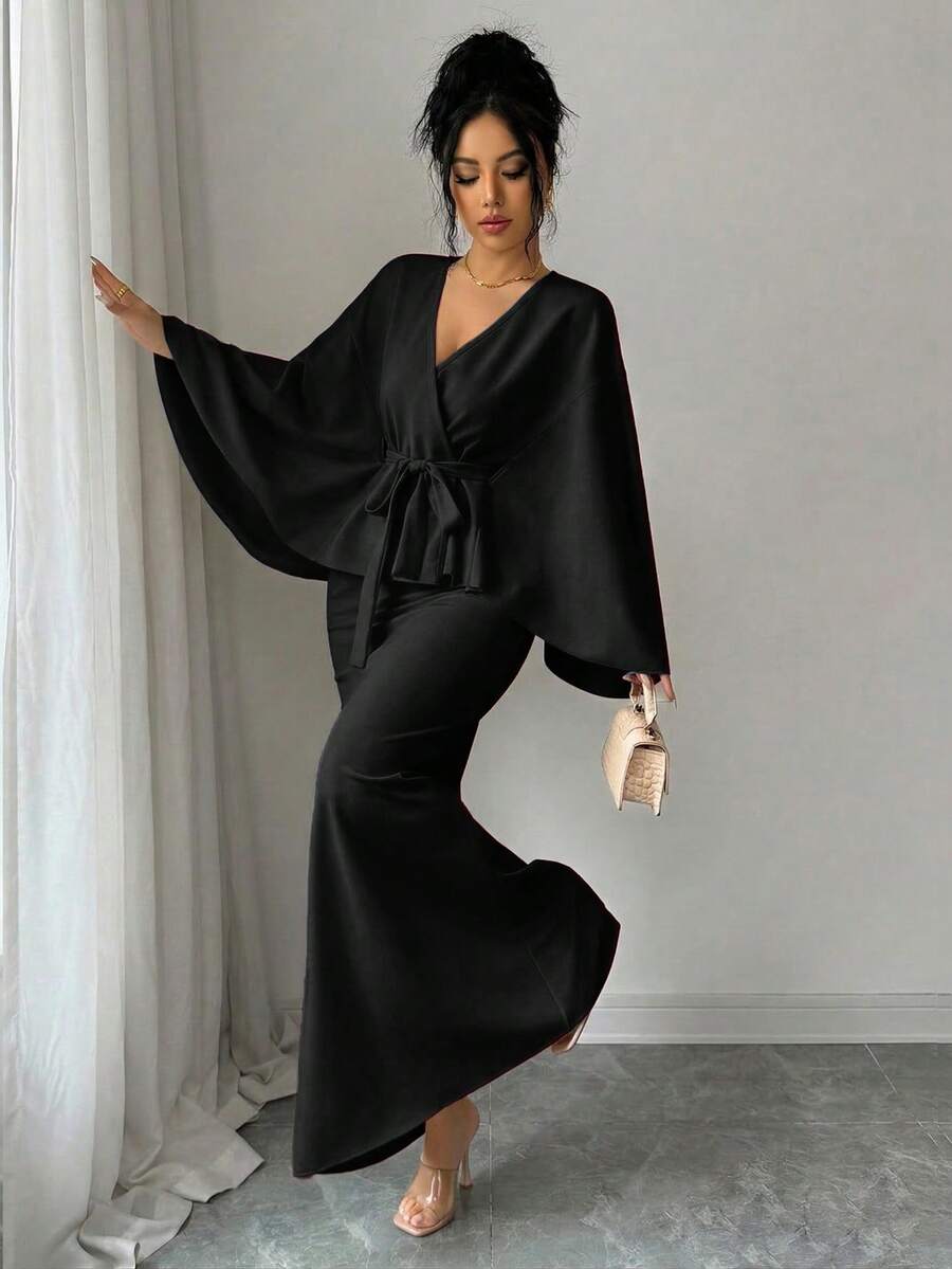 Solid Color Elegant Party Spring Casual Tie Ruffle Hem 2 Pieces Set Black - Black - View 1