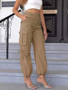 Joyfunear Side Flap Pocket Drawstring Hem Cargo Pants Winter - Khaki - View 6