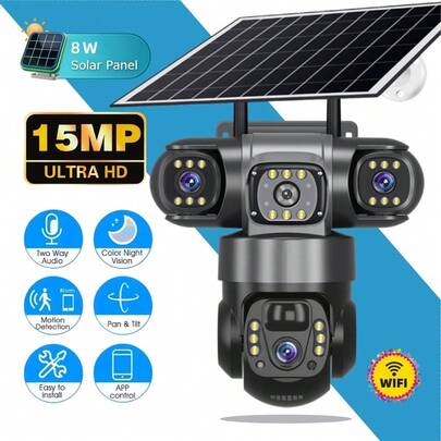 V380Pro 无线远程摄像机，2.4GHz WiFi 户外太阳能监控摄像头，360° 无死角视图，15MP 高清，双向音频，运动追踪，报警推送，适用于户外、运动场、牧场、花园和其他无线监控，内置电池组，太阳能电池板供电，可全年不间断运行