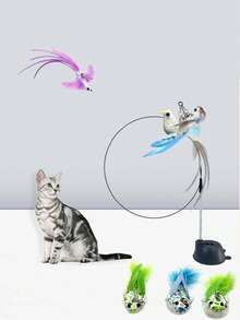 1/3pcs Feather Cat Teaser Wand With Powerful Suction Cup, Strong Suction, Pet Feather Bell Replacement, Firmly Attached To Floor, Interactive Cat Toy, Suitable For Indoor Play And Exercise, No Battery Required - Blue - View 2