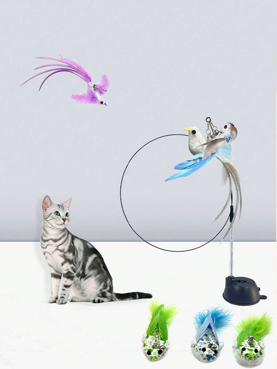 1/3pcs Feather Cat Teaser Wand With Powerful Suction Cup, Strong Suction, Pet Feather Bell Replacement, Firmly Attached To Floor, Interactive Cat Toy, Suitable For Indoor Play And Exercise, No Battery Required