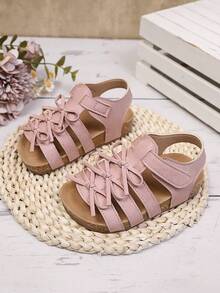 1 Pair Girls' Bow Knot Woven Comfortable Soft Bottom Fashionable Princess Style Open Toe Flat Sandals, Suitable For Summer - Pink - View 2