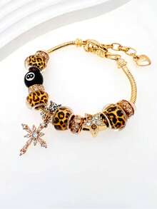 1pc Gold Leopard Print Beaded Adjustable Cross Pendant Bracelet - Bracelet - View 4