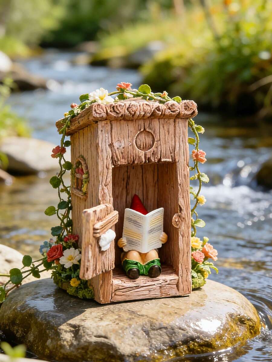 Exquisite Resin Dwarf House Decor, Handmade Dwarf Statue For Reading | Durable Outdoor Garden Decoration Suitable For Backyard, Patio And Flower Bed | Charming Polyester Resin Decor To Enhance Visual Appeal Of Outdoor Space - B - View 1
