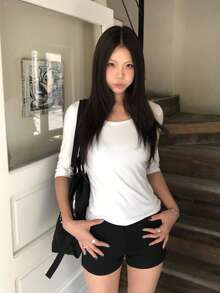 简约百搭纯色圆领修身七分袖上衣，百搭休闲春季白色 - 白色 - 查看 7