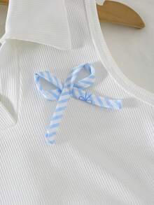 Conjunto de 2 piezas con top de punto acanalado de cuello en V + falda estampada con lazo a rayas, adecuado para uso diario, actividades al aire eventos, primavera/verano - Azul - Ver 4