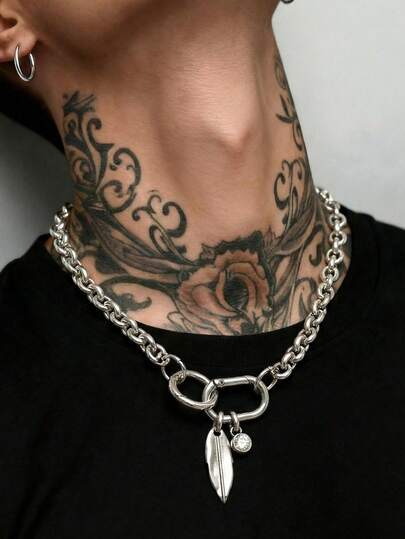 1 pieza Collar con colgante de piedra preciosa y hoja de estilo minimalista y punk, collar de metal con rhinestones plateados, adecuado para uso diario, fiestas, conciertos y como regalo diario para mujeres