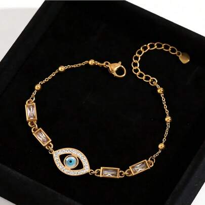 Vòng tay điều chỉnh được bằng vàng 18K hình mắt quỷ dành cho nữ, vòng tay mặt dây chuyền hình mắt màu xanh dương bằng thép không gỉ 316L tinh tế với đá Cubic Zirconia.