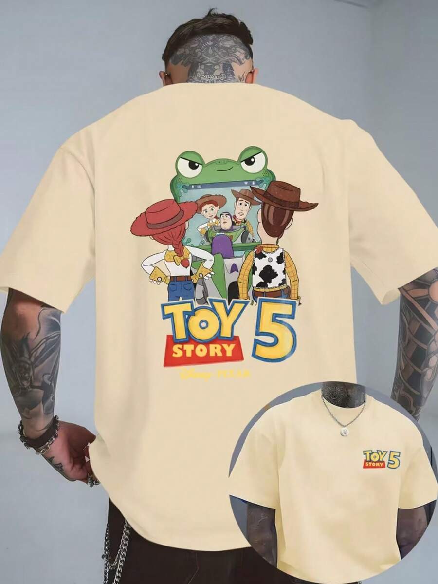 Disney Men's Casual Toy Story 5 Woody, Buzz, Lightyear Pattern Printed T-Shirt,Round Neck Comfortable Polyester Fabric, Stylish Streetwear Suitable ForCasual Attire, Men's Clothing - Apricot - View 1