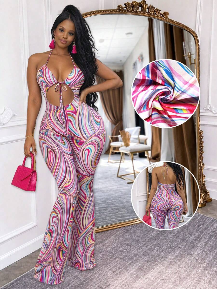 Summer Tie-Dye Halter Jumpsuit For Women, Flared Pants, Tie Front Cut-Out, Enterizos De Mujer Elegantes, Monos De Mujer, Casual Weekend & Party Outfit - 彩色 - 查看 1