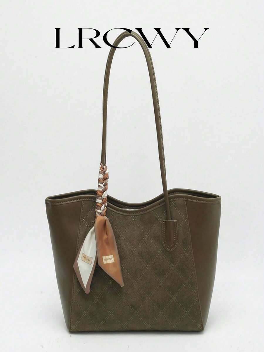 Túi xách tote dập vân cá sấu thanh lịch, túi đeo vai thời trang, trang trí khăn choàng tinh tế, túi công sở rộng rãi, màu xanh ô liu. - Màu xanh lá cây đậm - Xem 1