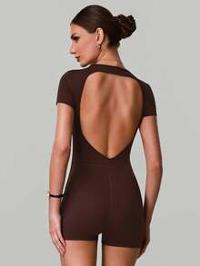Women's Summer Short Sleeve Open Back Unitard Bodycon Workout Jumpsuit Scoop Neck Hollow-Out Backless Yoga Romper For Yoga Gym Dance Athletic - Coffee Brown - View 8