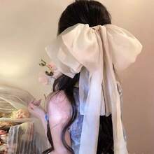 Princess On The Run ~ Fairy Temperamental Big Bow Headwear Back Spring Clip Long Ribbon Hairpin Hair Accessories - 5957仲夏夜飄帶彈簧夾-黑色 - 查看 4