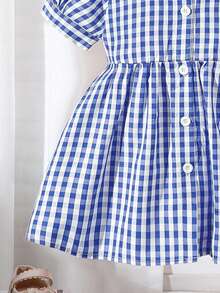 Vestido de manga corta con cuello redondo, estilo universitario, versátil y lindo para salidas de primavera/verano para niñas bebés con bordado a rayas - Azul y blanco - Ver 3