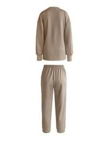 2pcs Women Solid Color Loose Top + Straight Leg Pants Set, Middle Eastern Casual Style Outfit, Suitable For Urban Outdoor Leisure Occasions, Autumn/Winter Spring - Khaki - View 6