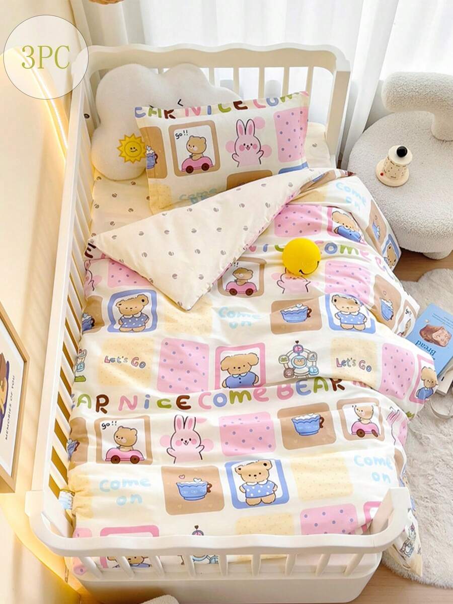 三件套卡通床上用品（1*被套+1*床垫套+1*枕套），舒适床上用品套装，可爱动物印花图案，被套尺寸：120*150厘米，不含填充物 - 粉色 - 查看 1