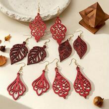 5 pares de pendientes de madera tallada con diseño de hojas y flores, estilo vintage, adecuados para uso diario, viajes, festivales y fiestas - Burdeos - Ver 5
