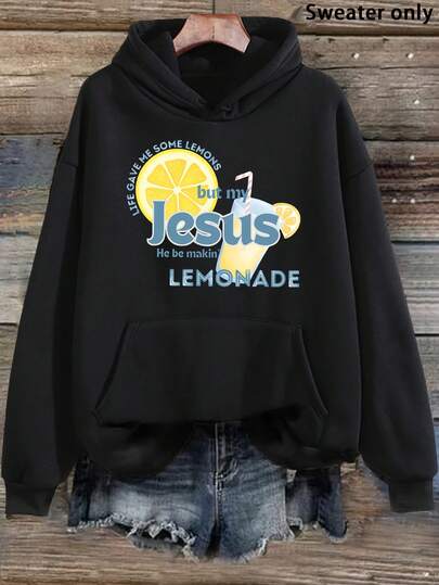 Plus Size Women's Winter Casual Sports Hoodie, Women's Hooded Sweatshirt - Funny Religious Apparel, Printed With Slogan But My Jesus Is Lemonade - Black Sweatshirt With Lemon Pattern - Comfortable Pullover Everyday And Wear - Christian Faith Apparel Idea, Winter Wardrobe, Playful Design, High-Quality Stitching, Faith Community - Religious Faith Inspired Apparel