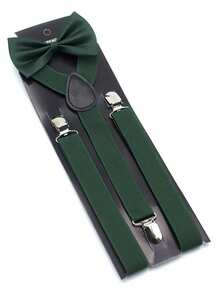 2pcs Men's Elegant Dark Green Adjustable Suspender & Thick Bow Tie Set, Suitable For Weddings And Parties - Army Green - View 3