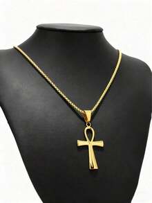 Ankh Cross Necklace,Silver Ankh Cross Pendant Necklace,Stainless Steel Ancient Egyptian Jewelry,Metal Blessing Cross Egyptian Jewelry,Blessing Jewelry Gifts For Him - Gold - 查看 5