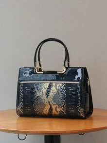 2026春夏新款亮面漆皮高端女士手提包，奢华优雅OL成熟魅力女士托特包，时尚黑金蛇纹大号包，百搭优雅单肩斜挎包，高品质礼品 - 彩色 - 查看 4