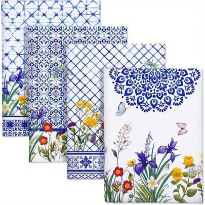1/2/4件装速干花卉厨房毛巾 - 15.7x23.6英寸，超柔软涤纶洗碗布，饰以鲜艳的野花和几何图案，是家居、婚礼和乔迁之礼的完美之选。