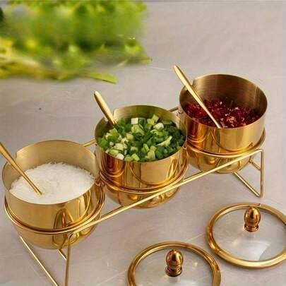 3pcs Set (1 Spoon, 1 Bowl, 1 Glass Lid) Gold Stainless Steel Spice Storage Jar With 1 Spoon, 1 Bowl, 1 Glass Lid, Dishwasher , Wide Mouth Design, Multipurpose Condiment Jar, Cream Jar, Sugar Jar, Suitable For Coffee Bar And Kitchen Organization