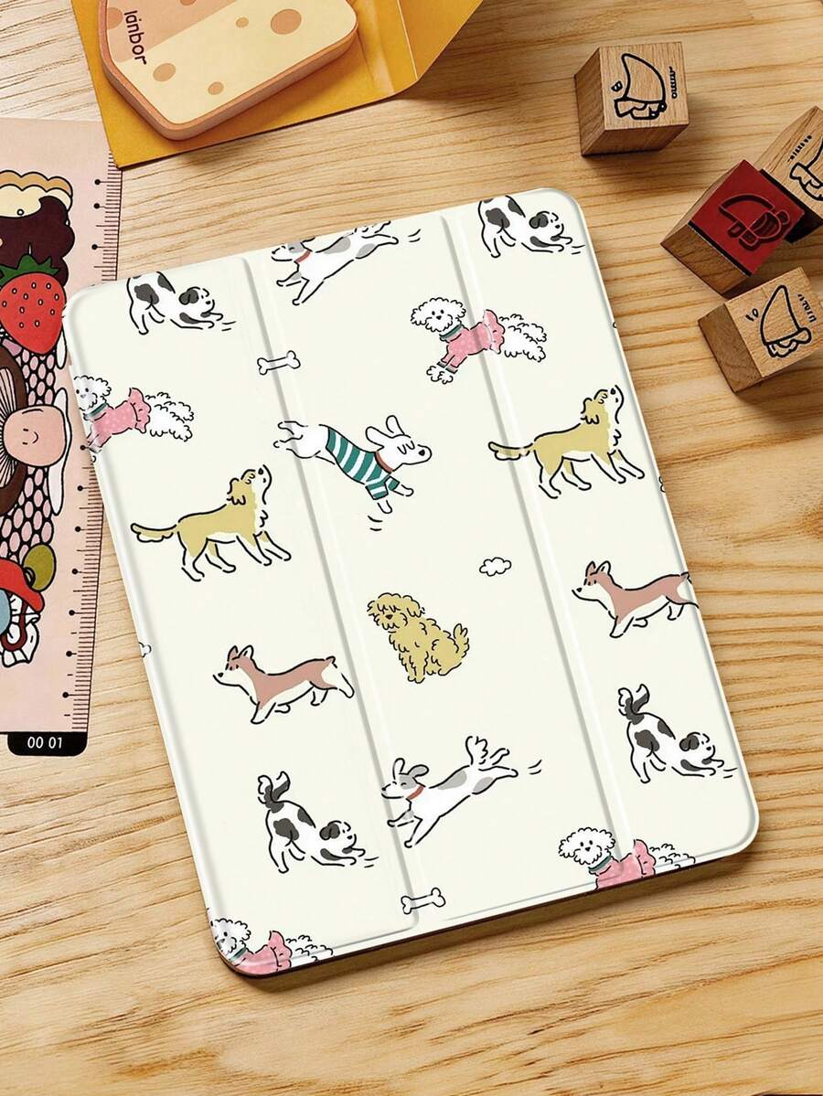 1个米色小狗卡通彩绘平板保护套，兼容iPad Mini 4/Mini 5/Mini 6/Mini 7/Air/Air 2/9.7/10.2/10.5/Air 4/Air 5/10.9/Pro 11英寸/第十代/Air 11英寸(M2)-2024/Pro 11英寸(M4)-2024/Air 11英寸(M3) 2025/(A16) 11英寸第十一代2025，以及Galaxy Tab A8 10.5英寸2022。包含笔槽、三折支架、TPU软边保护、磁吸式睡眠/唤醒功能，可爱/休闲/趣味/治愈/个性化平板保护套。 - 彩色 - 查看 1