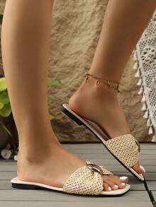 1双编织金属扣休闲平底凉鞋，适合夏季海滩穿着 - 米色 - 查看 3