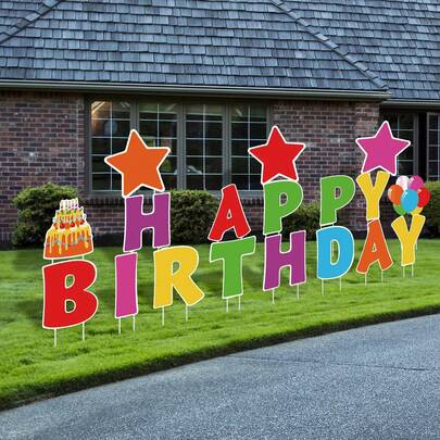 18-Piece Happy Birthday Yard Signs (With Stakes Included), 16-Inch Birthday Outdoor Lawn Signs, Cake Balloon Patio Decor, Garden Lawn Party Outdoor Decorations (Rainbow Colors)