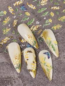 2片装5D立体浮雕黄色花朵蝴蝶美甲贴纸，春夏花卉麦穗浮雕美甲贴花，DIY美甲装饰 - 彩色 - 查看 3