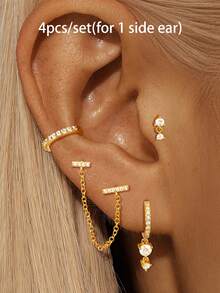 4件套独特24K镀金立方氧化锆吊坠耳环套装，女士锆石链耳钉套装，耳环组合，可叠戴 - 4pcs/set - 查看 3