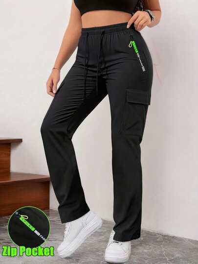 Women's Outdoor Sports Pants, Solid Color Multi-Pocket Cargo Pants, Straight Leg Zipper Sports Trousers, Spring/Autumn Black