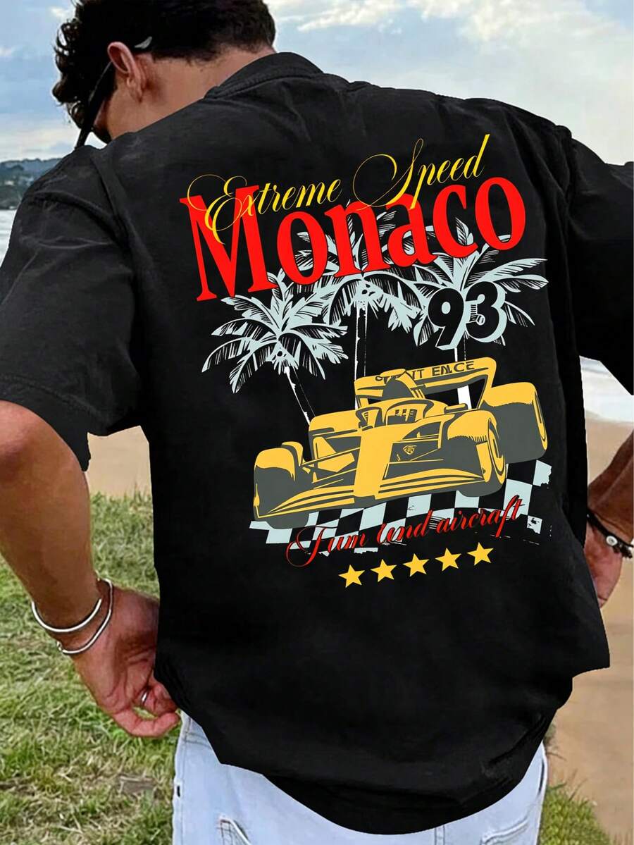 Monaco F1 Retro Speed Style T-Shirt, A Retro Holiday Look, Casual Men's T-Shirt Made Of Pure Cotton, Loose And Comfortable Fit, Suitable For Everyday Wear, Outdoor Sportswear, Perfect For Streetwear And Holidays, Summer Clothing For Men, F1 Themed T-Shirt. - 黑色 - 查看 1