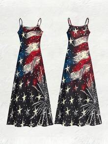 A Women's Maxi Dress With Star-Stripe And Firework Print On Black Base, Polyester Fiber Fabric, Lightweight And Breathable, Regular Women's Clothing, Women's Dress, Women's Apparel - 彩色 - 查看 5