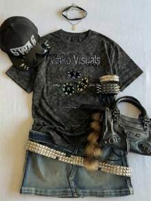 2026 Summer New Women's Casual Loose Round Neck Retro Distressed Graphic Tee, Punk Street Fashion Versatile Washed Short Sleeve T-Shirt - Black - View 2