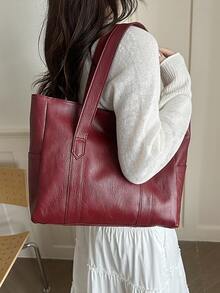 Túi đeo vai nữ màu đỏ bằng chất liệu giả da mềm mại, dung tích lớn, nhẹ, có khóa kéo, kiểu dáng tối giản, thích hợp cho mua sắm và đi làm. - Đỏ - Xem 3