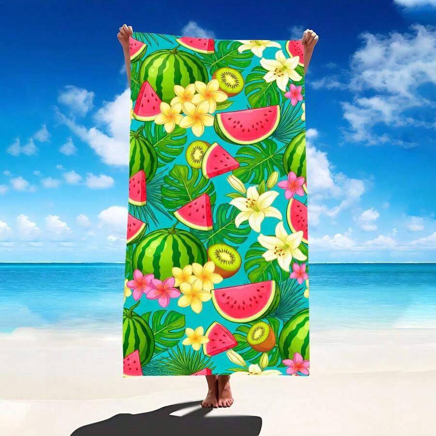 1pc Tropical Watermelon, Leaf & Floral Pattern Beach Towel, Super Soft Microfiber Extra Large Beach Blanket, Highly Absorbent Bath Towel, Suitable For Travel, Pool, Diving, Surfing, Yoga, Camping, Available In Multiple Sizes, Beach Accessory - B - View 1