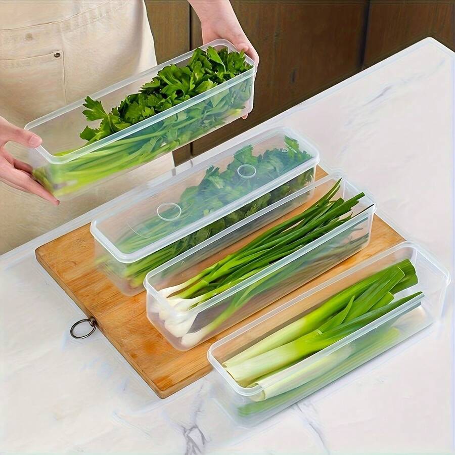 长方形塑料食品储物盒，带盖，密封设计，适合存放葱、姜、蒜、香菜、香草和生菜，耐用厨房收纳盒（无需电池） - 彩色 - 查看 1
