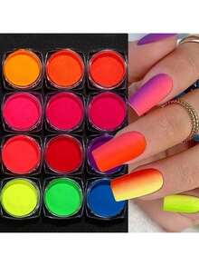 12 Colors Fluorescent  Nail Powder Set - Yellow Green Neon Gradient Glitter Pigment - UV Polish Dust Full Of Vitality, Shiny Nail Art Decoration - Long Lasting, Easy To Apply, Nail Art Kit - Multicolor - View 10