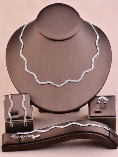 CORUIXI 1 Set Micro Crystal Jewelry Set For Women, Includes Necklace, Bracelet, Earrings, Ring, Elegant Wavy Design, Suitable For Bride, Bridesmaid, Prom, Gift For Girls