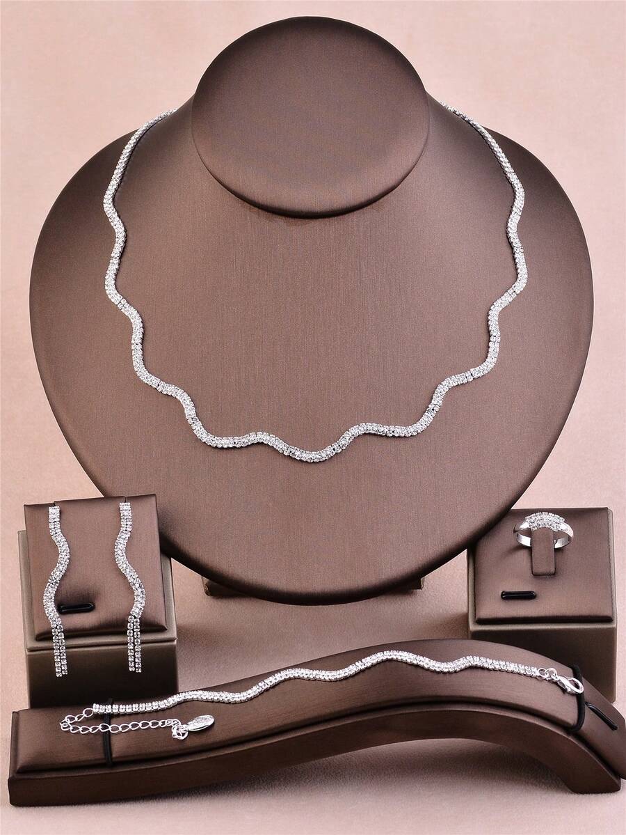 CORUIXI 1 set de bijoux délicats en strass pour femmes, comprenant un collier à vagues dorées, un bracelet, des boucles d'oreilles, une bague. Convient pour la mariée, la demoiselle d'honneur, boule de cristal, cadeau pour les filles - Doré - Voir 1