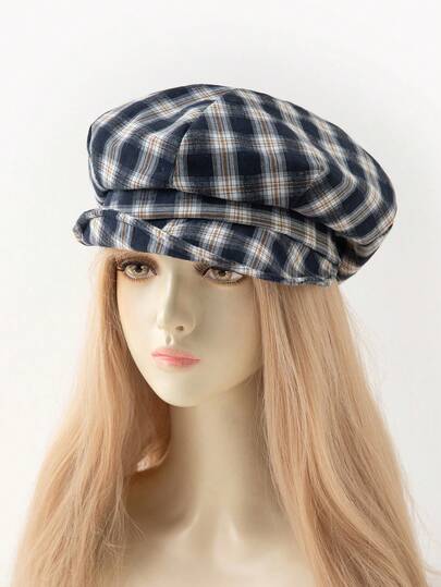 1pc Women's Fashionable Thin Striped Plaid Beret Hat, Suitable For Daily Spring/Autumn Outfits
