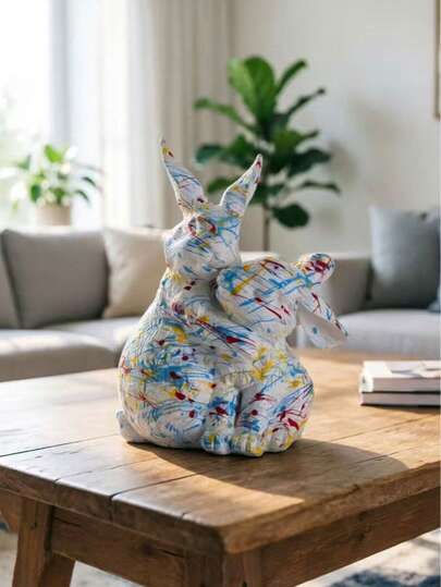 Colorful Splatter Paint Rabbit Figurine - Handcrafted Abstract Bunny Decor For Modern Home(Because Of The Splatter Technique, Each Rabbit Has Different Line Pigments But They Won't Be Much Different.)