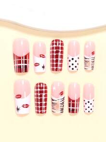 24片中号方形假指甲，包含多色条纹格子法式美甲、红唇星形图案、Y2K朋克渐变虎纹、黑白波点法式设计，附赠1张胶贴和1个迷你指甲锉，随机发货，打造Y2K风格美甲。 - 彩色 - 查看 2
